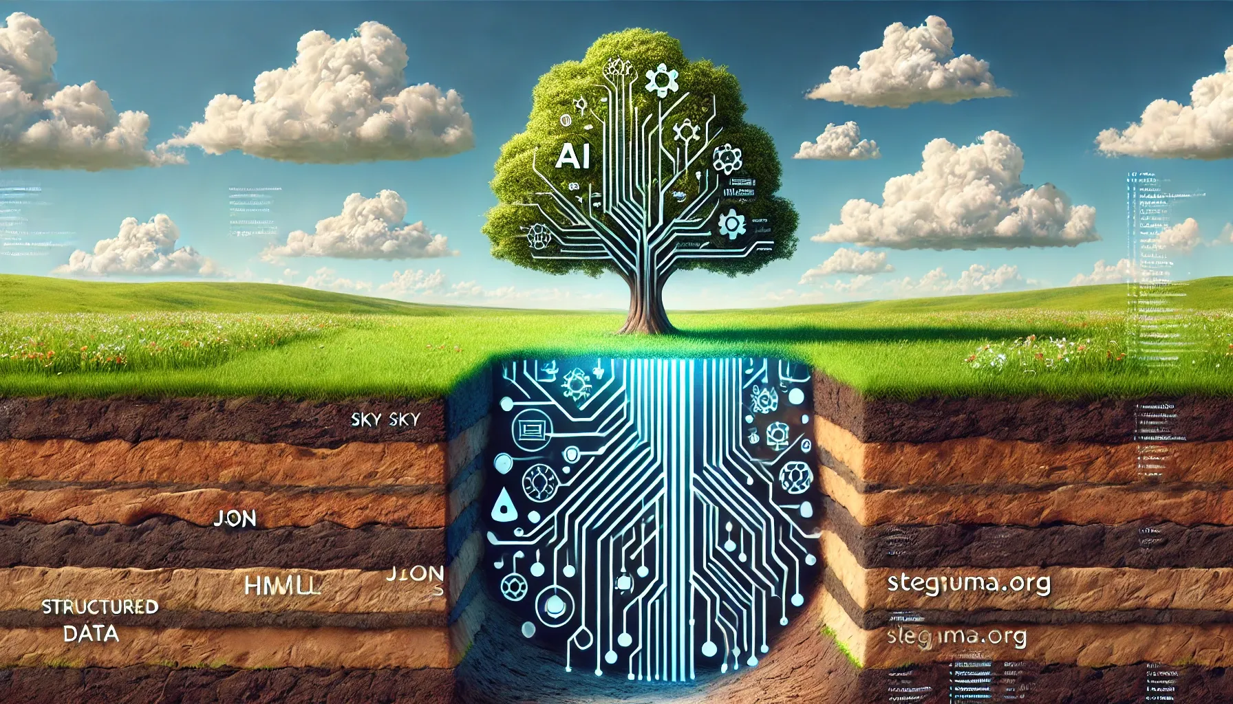Why Your Perfect Schema Markup Doesn'T Show Visual Enhancements a 16:9 wordpress featured image, : Imagine a cutaway of sky/grass/earth/deeper soil and the tree is represented by an AI icon tree. The roots spread deep and wide and convoluted. These are structured data, JSON, schema, HTML icons. This represents what website users see on the website, and what's doing the heavy lifting underneath the pretty design
